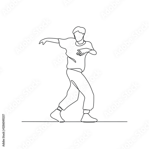 One continuous line drawing of a breakdancing people vector design illustration. Breakdancing Activity of four main elements : Toprock, Downrock, Power moves and Freezes. Breakdancing design asset.