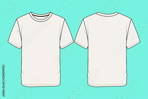  Men's round neck short sleeve t-shirt mockup template technical flat sketch.