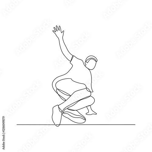 One continuous line drawing of a breakdancing people vector design illustration. Breakdancing Activity of four main elements : Toprock, Downrock, Power moves and Freezes. Breakdancing design asset.