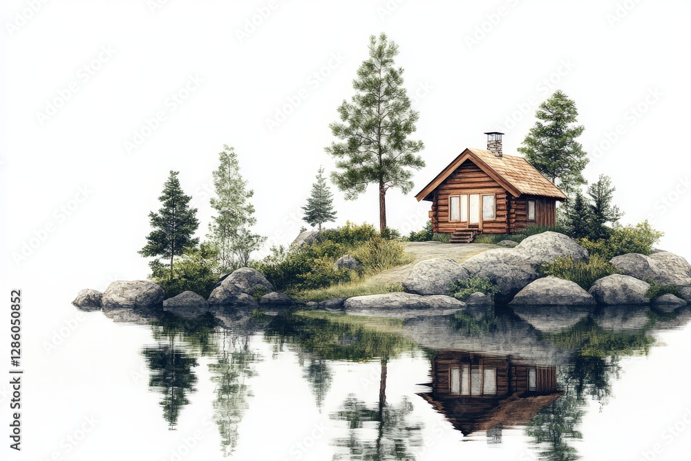 Fototapeta premium Serene Cabin Overlooking Misty Lake