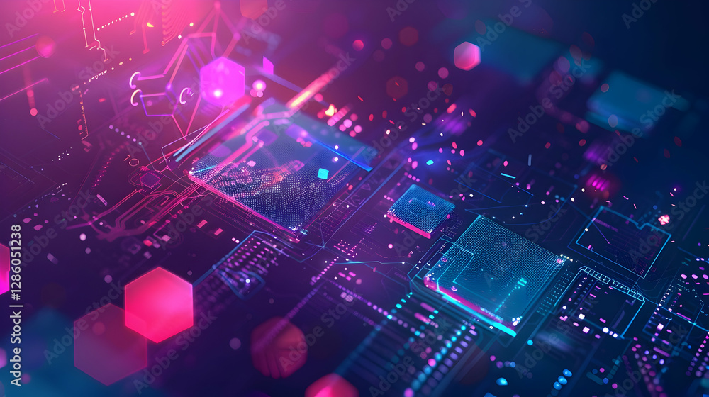 Obraz premium Abstract digital technology background featuring glowing circuits and geometric shapes