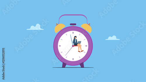 Vector illustration of Businesswoman, employee sitting on the clock with a laptop symbolizes time management, deadline, organizing efficient business process.