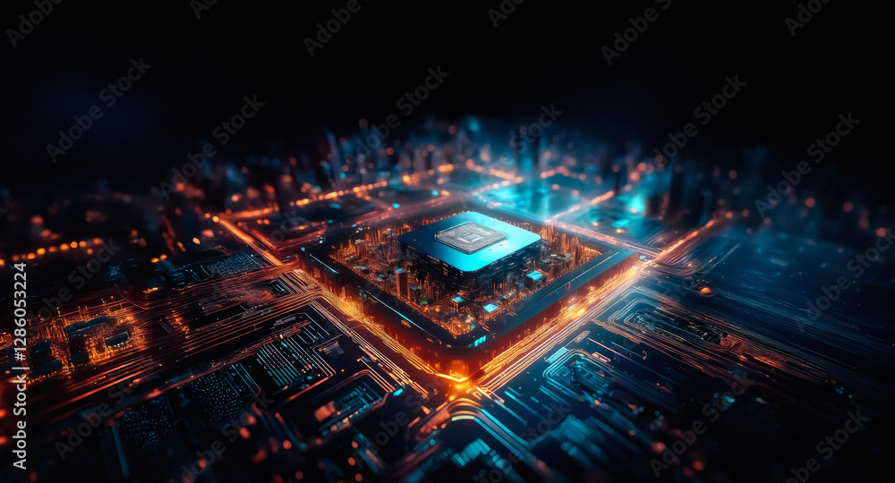 Futuristic cityscape at night. Glowing lights illuminate an abstract urban structure resembling an electronic chip in the center. Dark background. Futuristic cityscape at night. Glowing lights illuminate an abstract urban structure resembling an electronic chip in the center. Dark background.