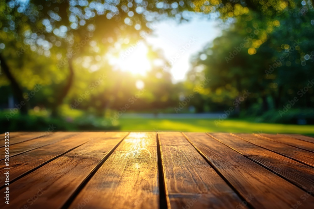 Fototapeta premium Wooden Table in Park: A warm inviting wooden table captures the essence of a sunny day, framed by blurred greenery, inviting you to rest in the scenic natural backdrop.