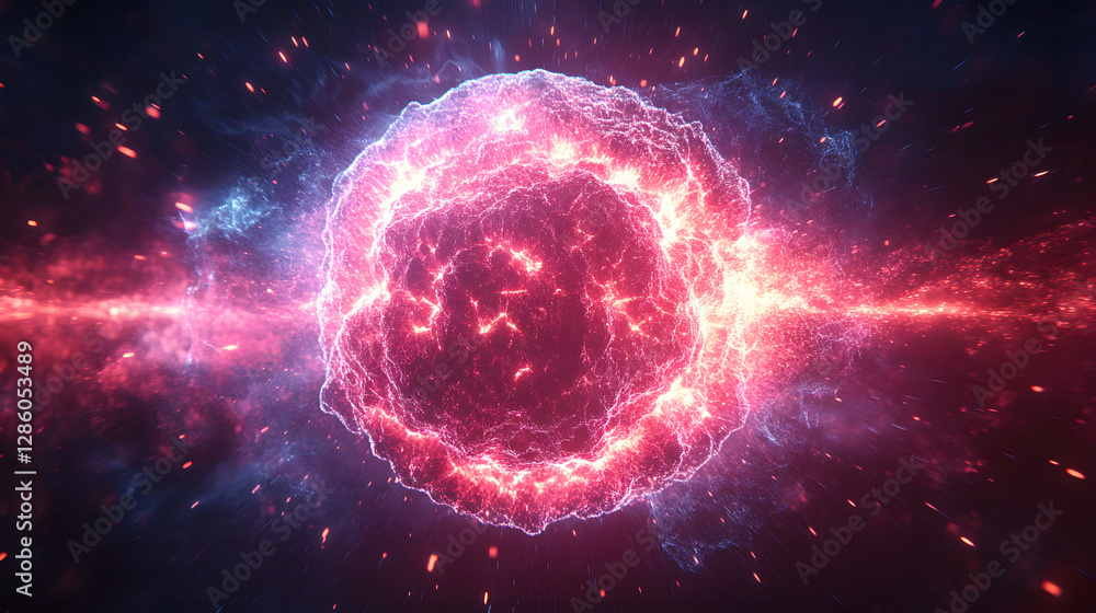 Obraz premium Cosmic Core: A breathtaking display of celestial phenomena, showcasing a vibrant, glowing sphere at the heart of a nebula, surrounded by swirling colors, bright particles, and vast, starlit expanse.