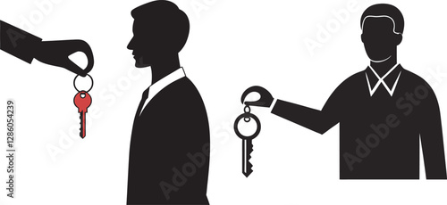 Silhouette of key handover between business figures, ideal for real estate and property transfer vector designs