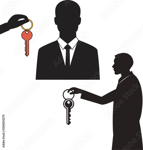 Silhouette of key handover between business figures, ideal for real estate and property transfer vector designs