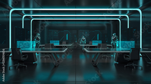 Futuristic Conference Room with Holographic Displays and Sleek Design
