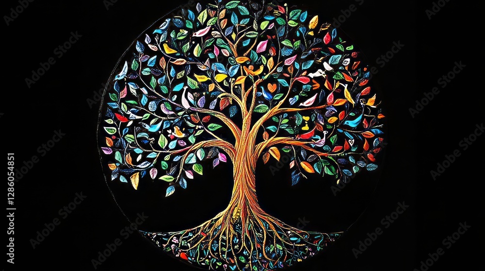 Naklejka premium Colorful Tree Of Life Art Featuring Vibrant Leaves And Birds. Symbolizes Growth, Connection, And Nature'S Beauty. Perfect For Uplifting Designs.