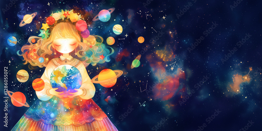 天文を愛する女の子。水彩画、イラスト、背景、バナー素材、挿絵、 天文を愛する女の子。水彩画、イラスト、背景、バナー素材、挿絵、