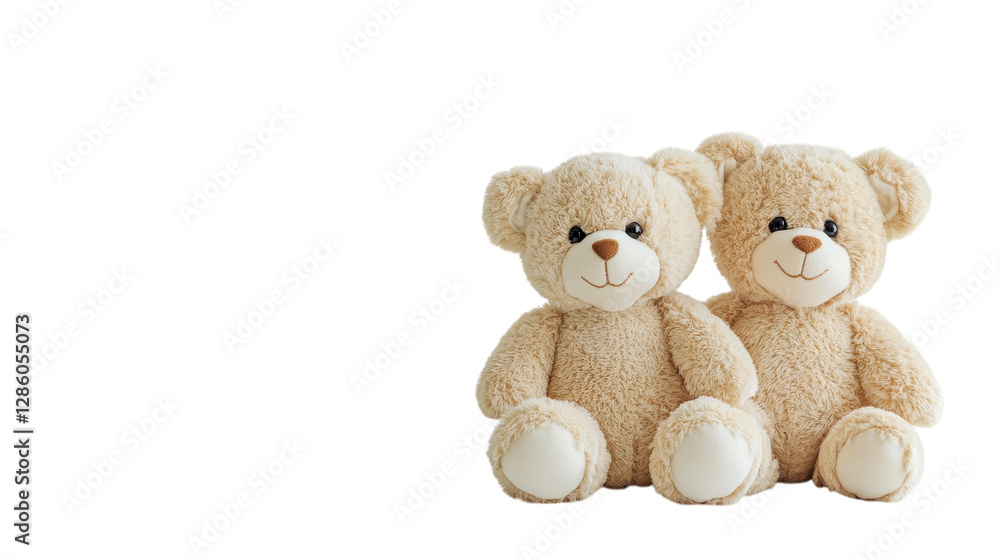 Obraz premium Two adorable stuffed teddy bears sitting side by side on a clean, white background, perfect for children's decor or gifting ideas