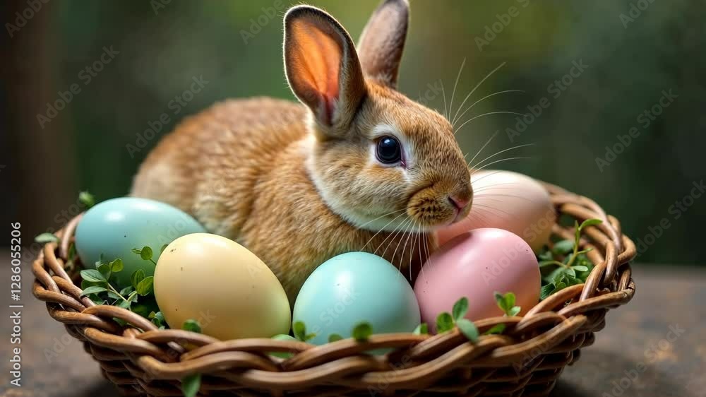 4k frame easter colored eggs with a bunny in a basket 4k frame easter colored eggs with a bunny in a basket