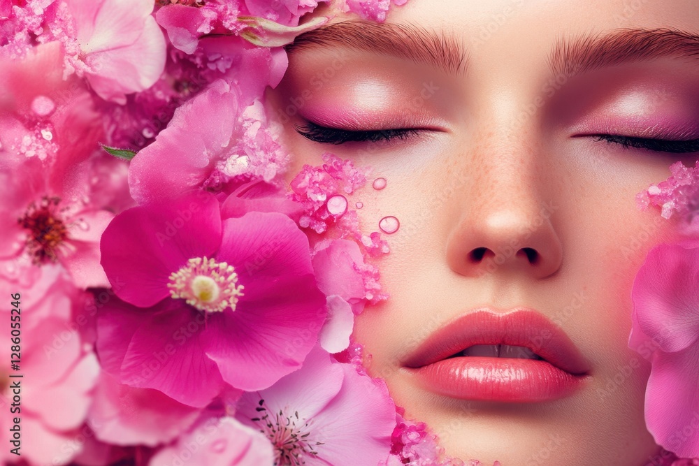 Beauty blooms in vibrant pink florals enveloping a serene face during a spring-inspired beauty ritual. Generative AI Beauty blooms in vibrant pink florals enveloping a serene face during a spring-inspired beauty ritual. Generative AI