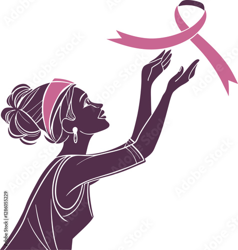 Empowered woman silhouette waving breast cancer awareness flag with pink ribbon for advocacy and support designs