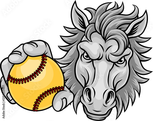 Horse mustang bronco stallion baseball softball angry sports team mascot holding a ball.