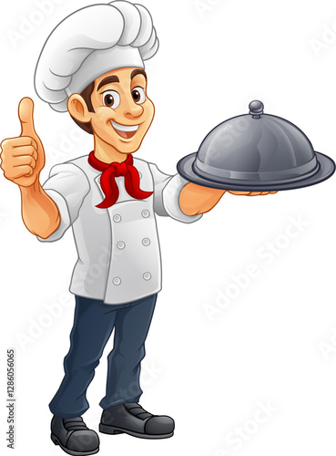 A chef or baker cartoon cook giving thumbs up and holding a platter plate with cloche mascot character illustration