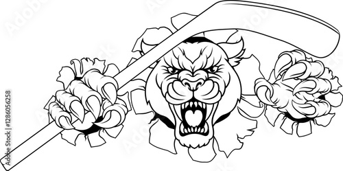 A panther, leopard or cougar wildcat cat jaguar ice hockey sports mascot holding a hockey stick