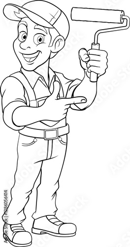 A painter decorator handyman cartoon mascot man holding a paint roller and pointing