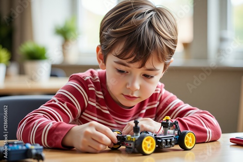 Young Boy Focused on Building a Toy Car STEM Educational Toy Focused Play