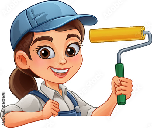 A woman female painter decorator holding a paint roller tool builder construction cartoon character mascot.