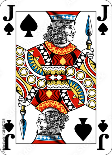Jack of Spades design from a new original deck of playing cards. Four pip left handed version with identifier in all four corners.