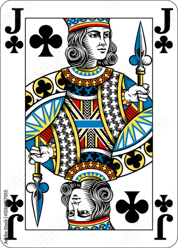 Jack of Clubs design from a new original deck of playing cards. Four pip left handed version with identifier in all four corners.
