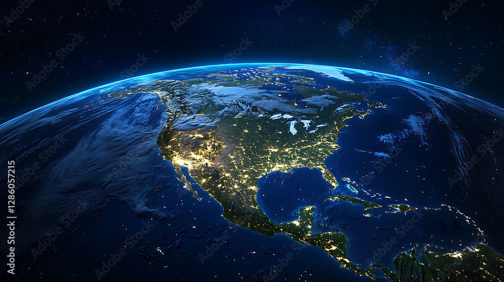 Obraz premium North America at night from space, showing city lights. Possible use for educational or scientific purposes