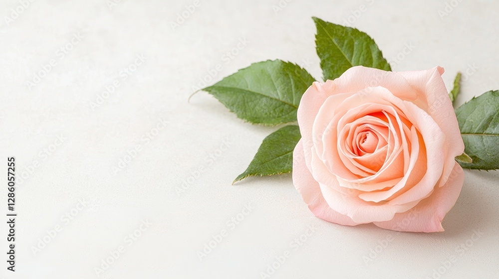 Fototapeta premium Single pink rose with green leaves lies on a textured white surface in soft natural light.