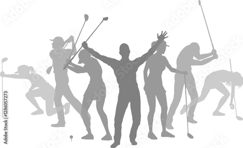 Silhouette golf player set. Active golfers golfing sports people healthy players fitness silhouettes concept.