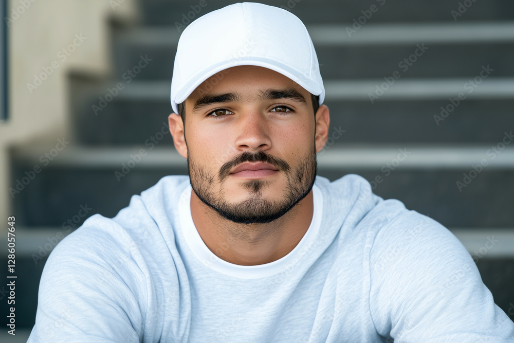 A man wearing a white dad hat mockup sitting on a park bench with urban skyscrapers visible in the distance. portrait shot , focus on dad hat A man wearing a white dad hat mockup sitting on a park bench with urban skyscrapers visible in the distance. portrait shot , focus on dad hat