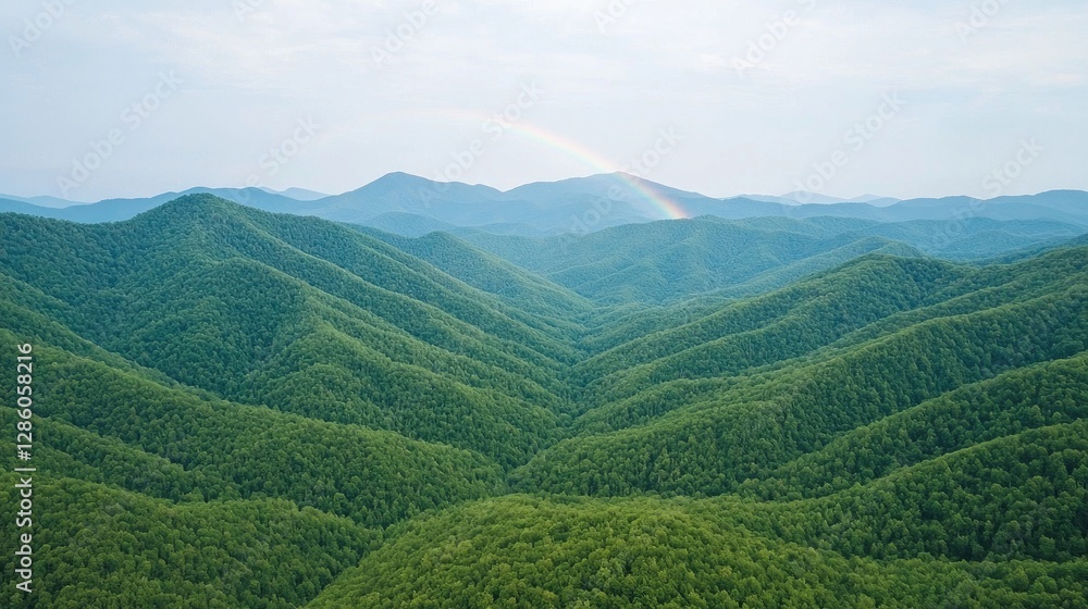 Obraz premium Aerial view of lush green mountain ranges with rainbow. Possible use nature photography, travel brochure, desktop background