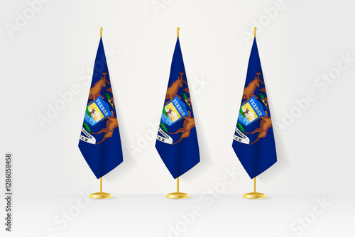 Three Michigan flags in a row on a golden stand, illustration of press conference and other meetings.