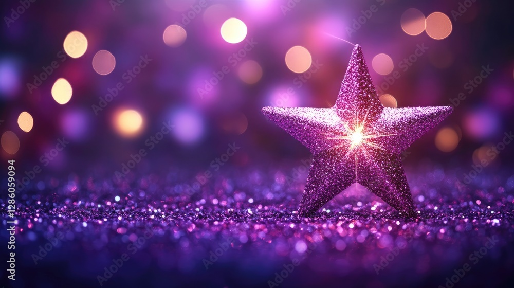 Sparkling Purple Star on Glittering Surface, A Festive Holiday Image Sparkling Purple Star on Glittering Surface, A Festive Holiday Image