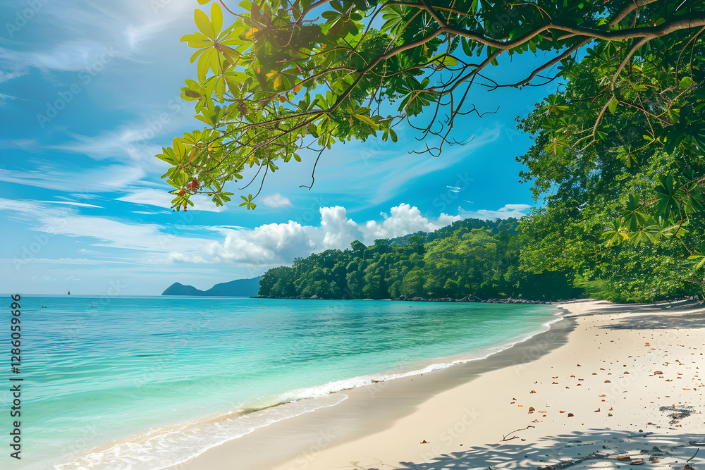 Serene tropical beach with turquoise waters, lush greenery, and distant mountains under a clear sky Serene tropical beach with turquoise waters, lush greenery, and distant mountains under a clear sky