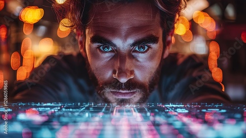 Visionary Founder Presenting Holographic Business Plan for Innovative Startup Concept