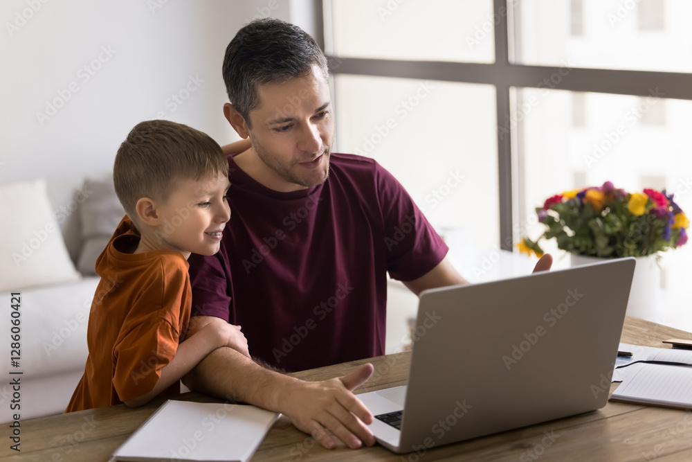 Dad and son using laptop at home, buying goods or electronic services, paying for subscription, exploring new AI program or website enjoy video content in social media spend time together on internet Dad and son using laptop at home, buying goods or electronic services, paying for subscription, exploring new AI program or website enjoy video content in social media spend time together on internet