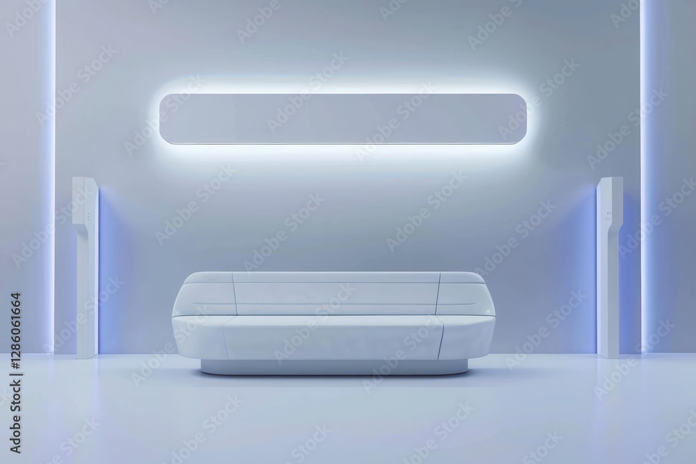White Blue light futuristic reception desk LED rounded edges sits in the center of an empty room neon indoor. White Blue light futuristic reception desk LED rounded edges sits in the center of an empty room neon indoor.