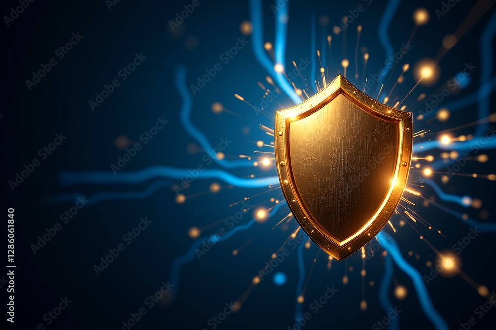 Fototapeta premium Golden Shield Cyber Security Digital Protection Data Safety Network Defense Technology Concept