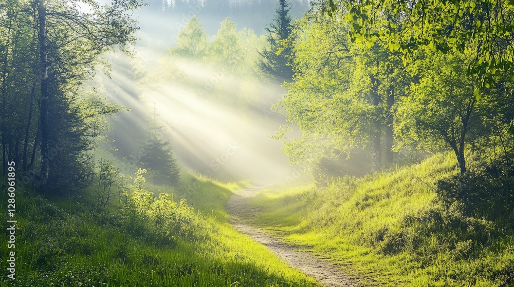 Obraz premium Sunbeams illuminate a misty forest path. (1)
