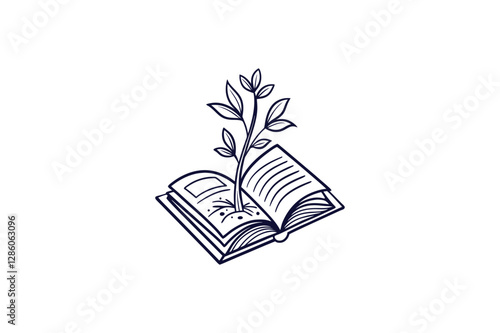 open book with a small plant growing out of it clip art illustration