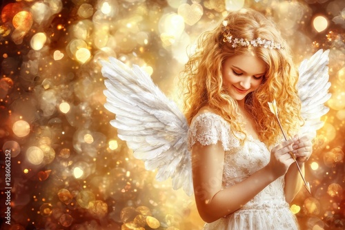 Angelic Figure with Golden Background and Ethereal Wings