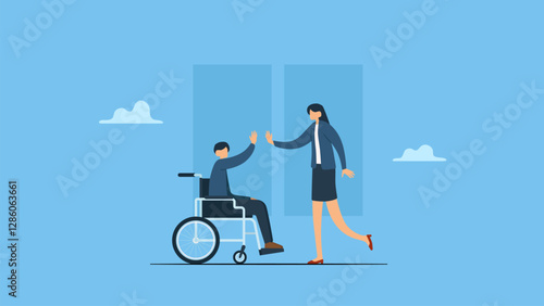 Employee with disabilities high five with with colleague. Inclusive office scene. Disabled char collaborate showcasing equality. wheelchairs, supportive colleagues foster a dynamic workspace.