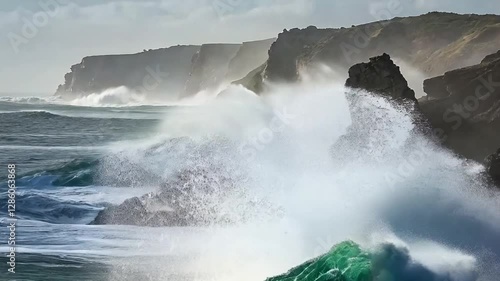 4K Slow-Motion Shot of Ocean Waves Crashing Against Cliffs