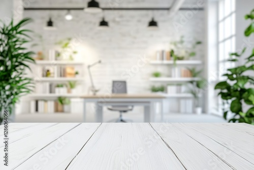 Bright white rectangular wooden table with overhead lighting and blurred office background featuring desk, bookshelves, and plants
