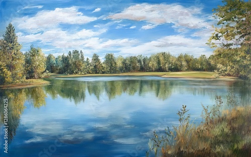 Hydrating lake scene oil art emphasizing nutrition correlation photo