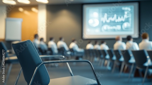 A large group of people in white coats are sitting in a room with a projector screen in the background. Medical conference concept