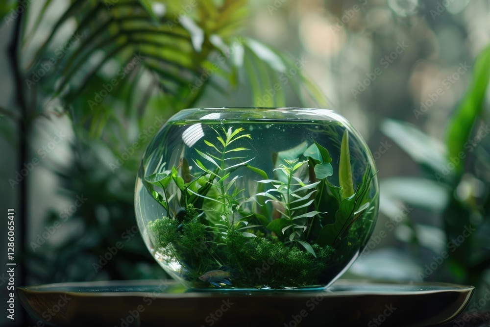 Vibrant Picture of a Fish Bowl with Plants and a Bowl of Water Vibrant Picture of a Fish Bowl with Plants and a Bowl of Water