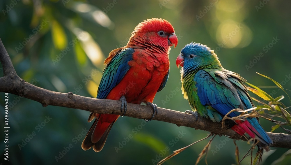 Fototapeta premium Colorful parrots lovebirds on a tree