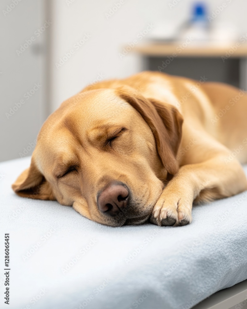 Relaxed Labrador resting at the veterinary clinic Relaxed Labrador resting at the veterinary clinic