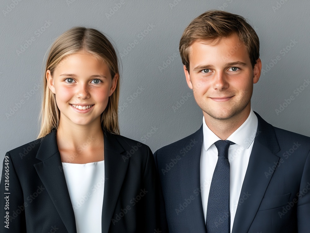 Professional young woman and man in corporate attire smiling confidently against clean gray backdrop symbolizing career ambition success leadership and business professionalism Professional young woman and man in corporate attire smiling confidently against clean gray backdrop symbolizing career ambition success leadership and business professionalism